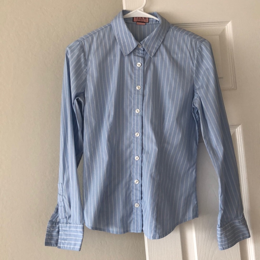 Pink Stretch blue/white strip dress shirt, size 4